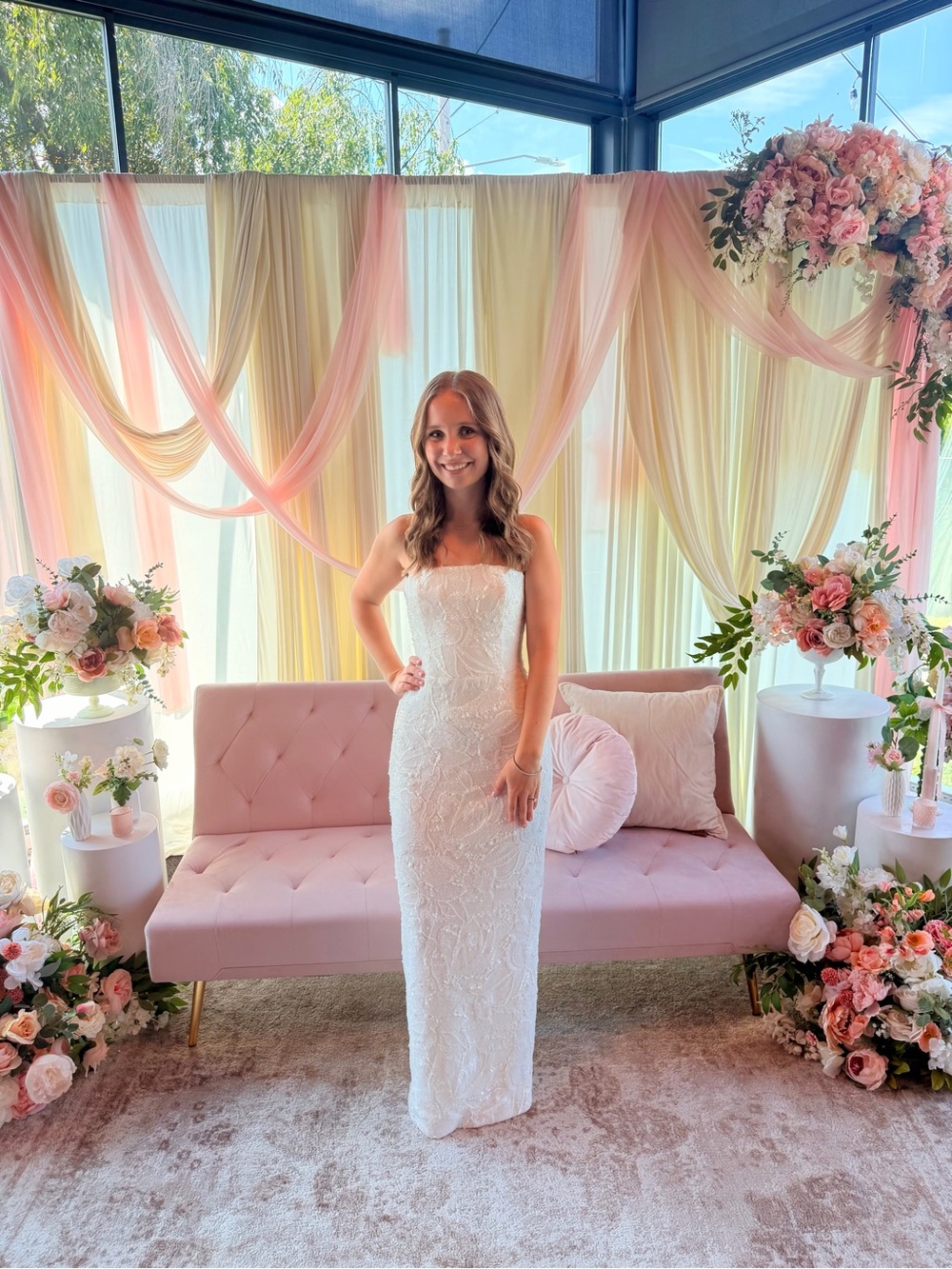 Strapless White Beaded Sheath Dress